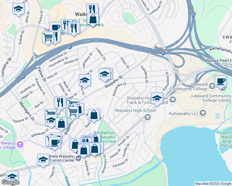 map of restaurants, bars, coffee shops, grocery stores, and more near 94-358 Kahuapaa Place in Waipahu