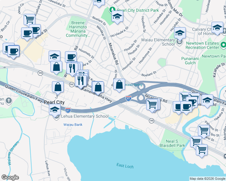 map of restaurants, bars, coffee shops, grocery stores, and more near 1110 Puu Poni Street in Pearl City