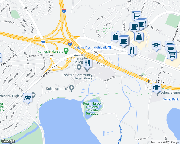 map of restaurants, bars, coffee shops, grocery stores, and more near 96-045 Ala ʻIke Street in Pearl City