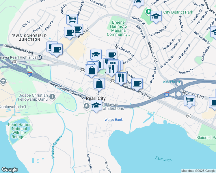 map of restaurants, bars, coffee shops, grocery stores, and more near 860 4th Street in Pearl City