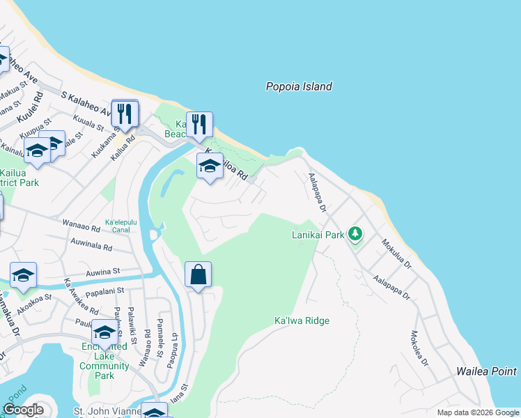 map of restaurants, bars, coffee shops, grocery stores, and more near 589 Kawailoa Road in Kailua