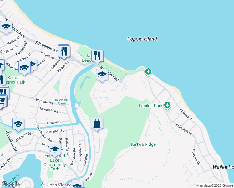 map of restaurants, bars, coffee shops, grocery stores, and more near 569 Kawailoa Road in Kailua