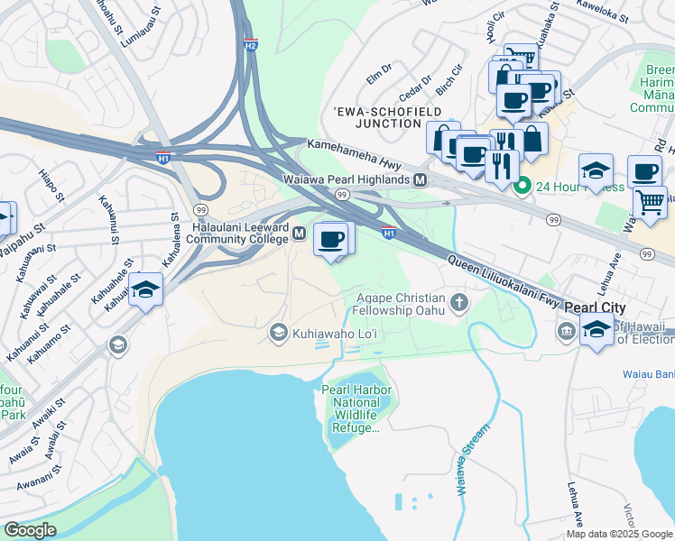 map of restaurants, bars, coffee shops, grocery stores, and more near 96 Ala Ike Street in Pearl City