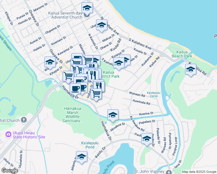 map of restaurants, bars, coffee shops, grocery stores, and more near in Kailua