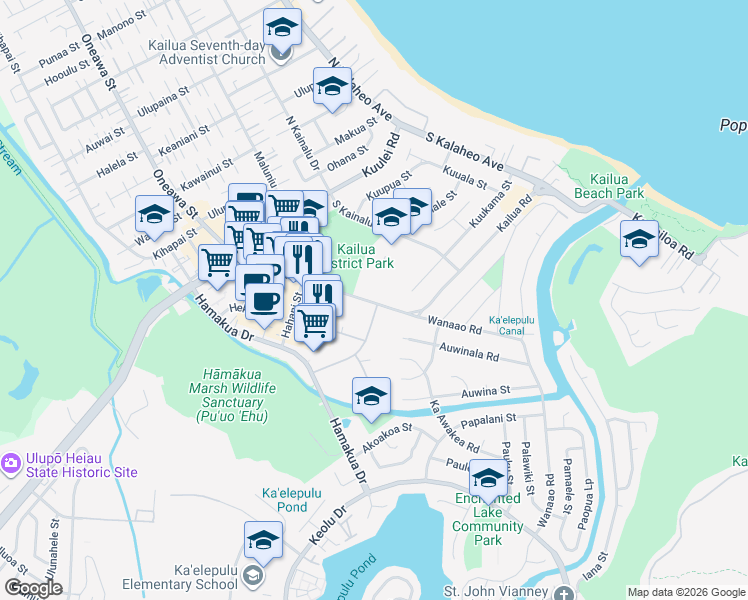 map of restaurants, bars, coffee shops, grocery stores, and more near 398 Kailua Road in Kailua