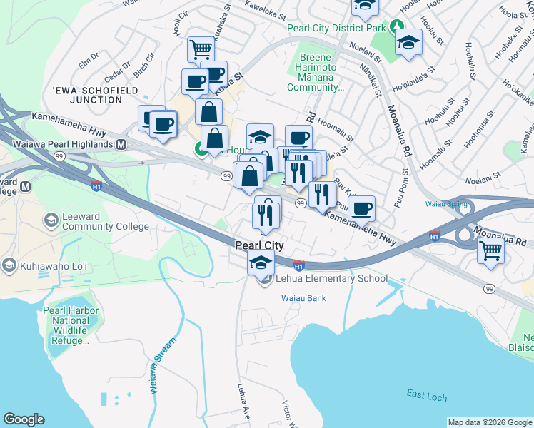 map of restaurants, bars, coffee shops, grocery stores, and more near 950 Lehua Avenue in Pearl City