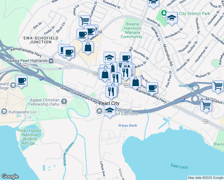 map of restaurants, bars, coffee shops, grocery stores, and more near 950 Lehua Avenue in Pearl City