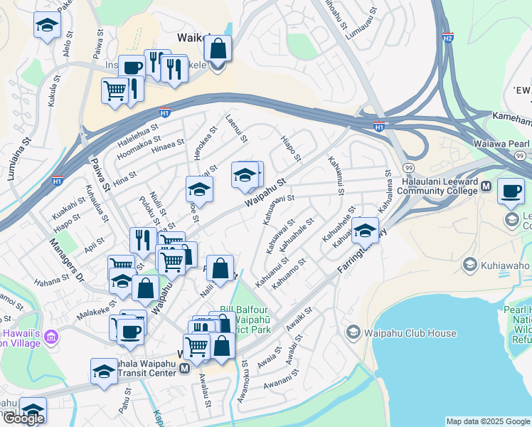 map of restaurants, bars, coffee shops, grocery stores, and more near 94-1276 Peke Place in Waipahu