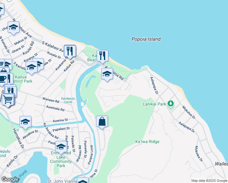 map of restaurants, bars, coffee shops, grocery stores, and more near 175 Alala Road in Kailua