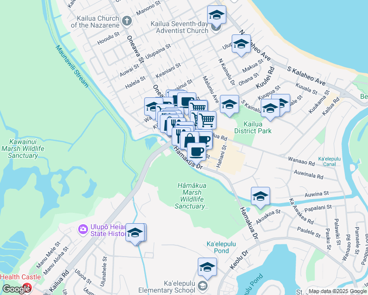 map of restaurants, bars, coffee shops, grocery stores, and more near 765 Kailua Rd in Kailua