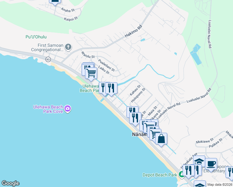 map of restaurants, bars, coffee shops, grocery stores, and more near 87-116 Kipaoa Place in Waianae