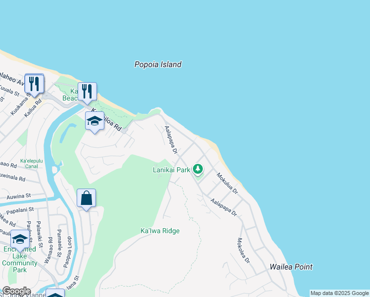map of restaurants, bars, coffee shops, grocery stores, and more near 903 Mokulua Drive in Kailua