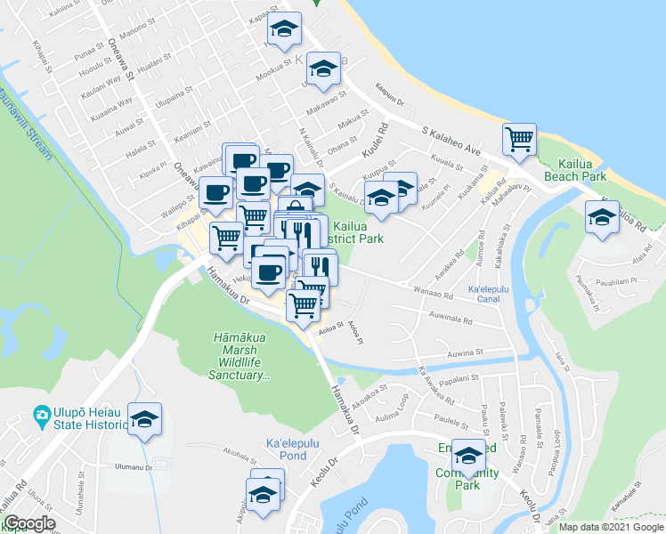 map of restaurants, bars, coffee shops, grocery stores, and more near in Kailua
