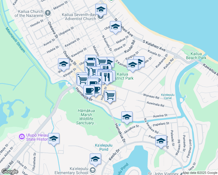map of restaurants, bars, coffee shops, grocery stores, and more near 303 Hahani Street in Kailua