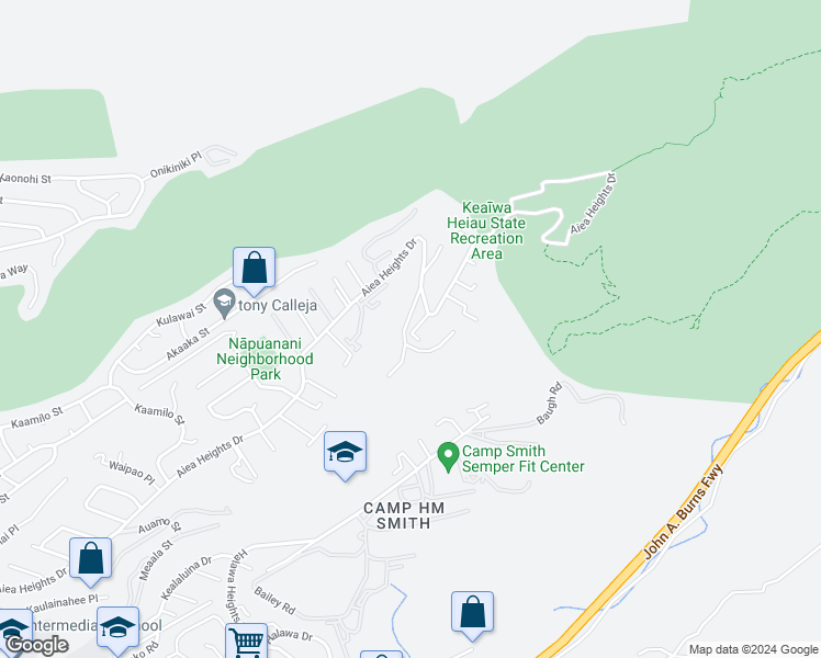 map of restaurants, bars, coffee shops, grocery stores, and more near 99-1674 Hoapono Place in Aiea