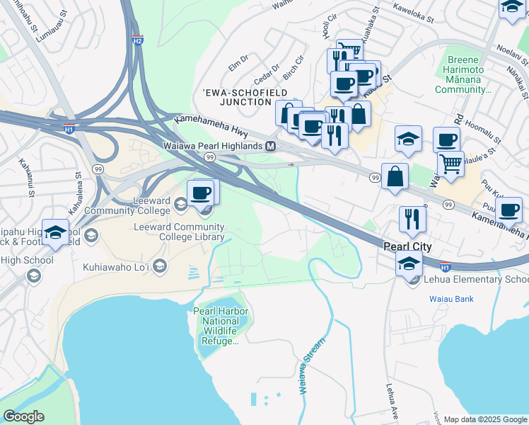 map of restaurants, bars, coffee shops, grocery stores, and more near 96-234 Waiawa Road in Pearl City