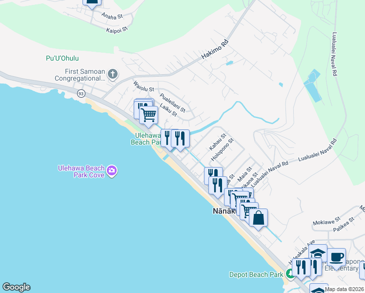 map of restaurants, bars, coffee shops, grocery stores, and more near 87-116 Kipaoa Place in Waianae