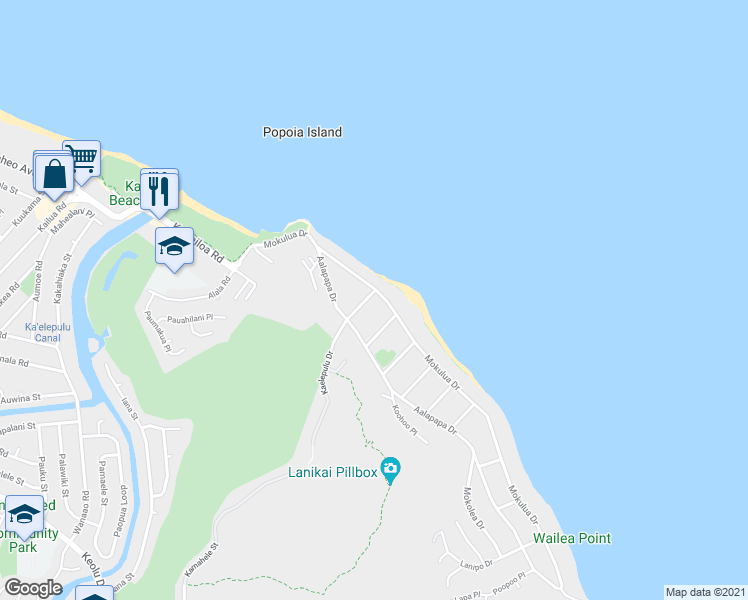 map of restaurants, bars, coffee shops, grocery stores, and more near 903 Mokulua Drive in Kailua