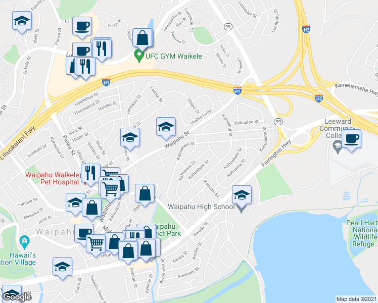 map of restaurants, bars, coffee shops, grocery stores, and more near 94-358 Kahuapaa Place in Waipahu