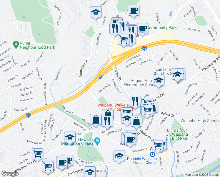 map of restaurants, bars, coffee shops, grocery stores, and more near 94-944 Hiapo Street in Waipahu