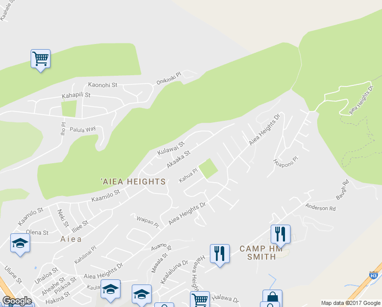 map of restaurants, bars, coffee shops, grocery stores, and more near 98-1405 Akaaka Street in Aiea