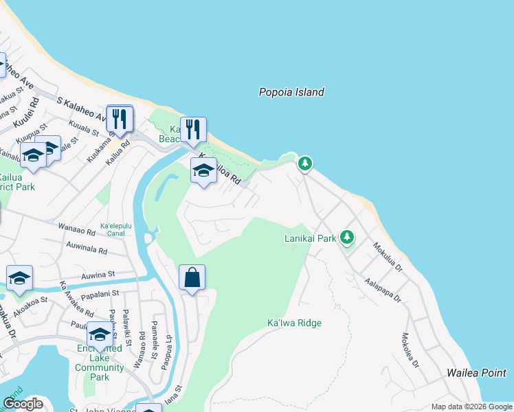 map of restaurants, bars, coffee shops, grocery stores, and more near 595 Kawailoa Road in Kailua