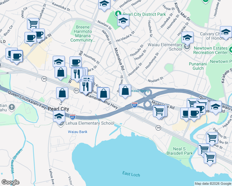 map of restaurants, bars, coffee shops, grocery stores, and more near 1110 Puu Poni Street in Pearl City