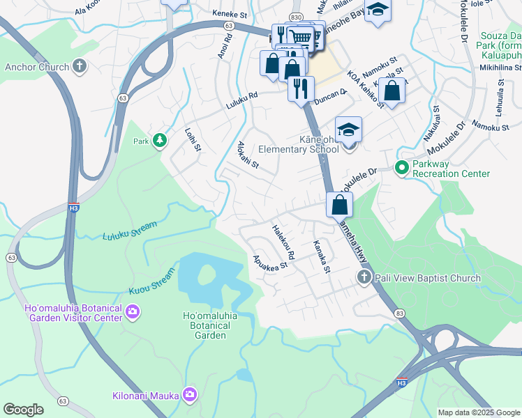 map of restaurants, bars, coffee shops, grocery stores, and more near 45-307 Mahinui Place in Kaneohe