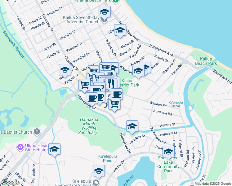 map of restaurants, bars, coffee shops, grocery stores, and more near 305 Hahani Street in Kailua