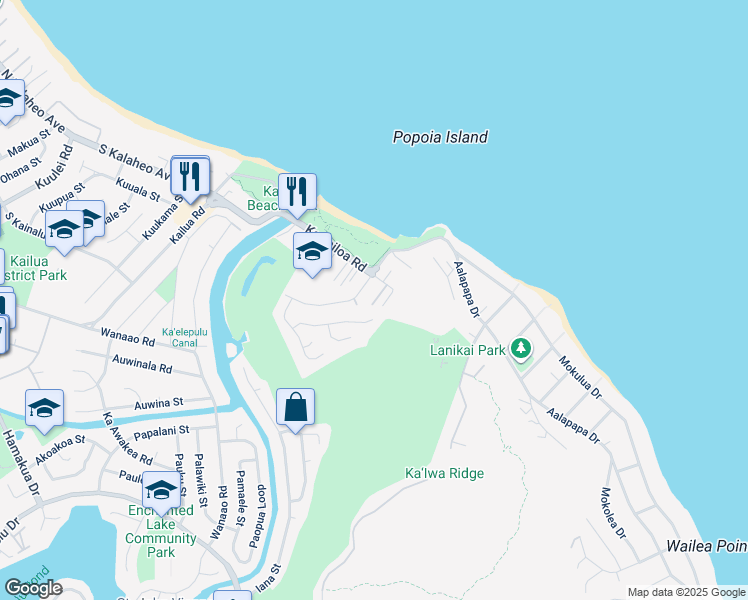 map of restaurants, bars, coffee shops, grocery stores, and more near 569 Kawailoa Road in Kailua