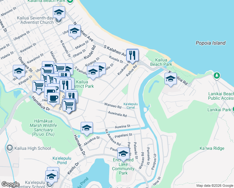 map of restaurants, bars, coffee shops, grocery stores, and more near 275 Kailua Road in Kailua