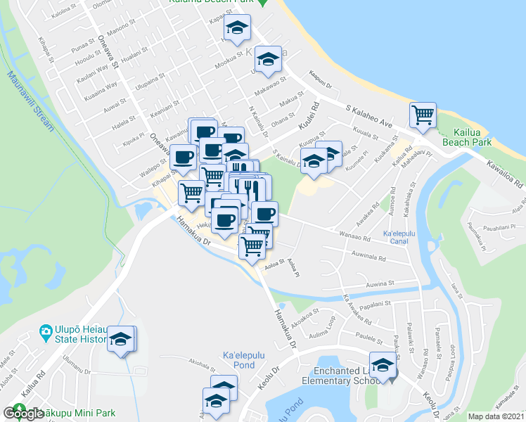 map of restaurants, bars, coffee shops, grocery stores, and more near 539 Kailua Road in Kailua