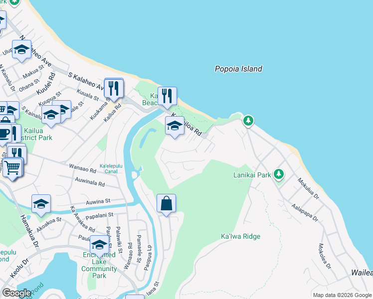 map of restaurants, bars, coffee shops, grocery stores, and more near 175 Alala Road in Kailua