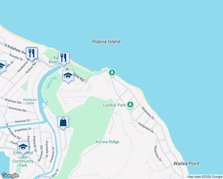map of restaurants, bars, coffee shops, grocery stores, and more near 68 Aalapapa Place in Kailua