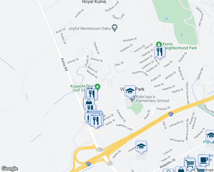 map of restaurants, bars, coffee shops, grocery stores, and more near 94-621 Kupuna Loop in Waipahu