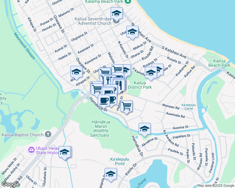 map of restaurants, bars, coffee shops, grocery stores, and more near 573 Kailua Road in Kailua