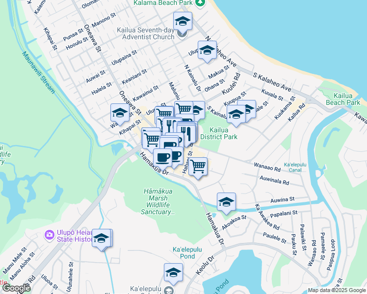 map of restaurants, bars, coffee shops, grocery stores, and more near 573 Kailua Road in Kailua