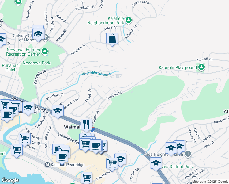 map of restaurants, bars, coffee shops, grocery stores, and more near 98-536 Kaonohi Street in Aiea
