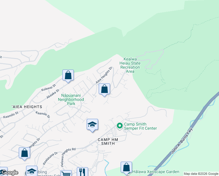 map of restaurants, bars, coffee shops, grocery stores, and more near Hoapono Place in Aiea