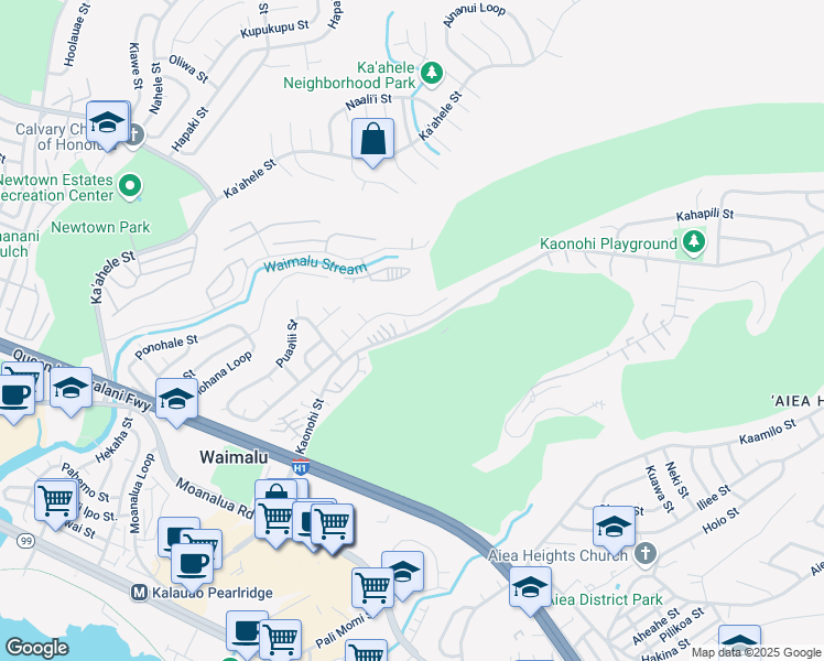 map of restaurants, bars, coffee shops, grocery stores, and more near 98-535 Kaonohi Street in Aiea