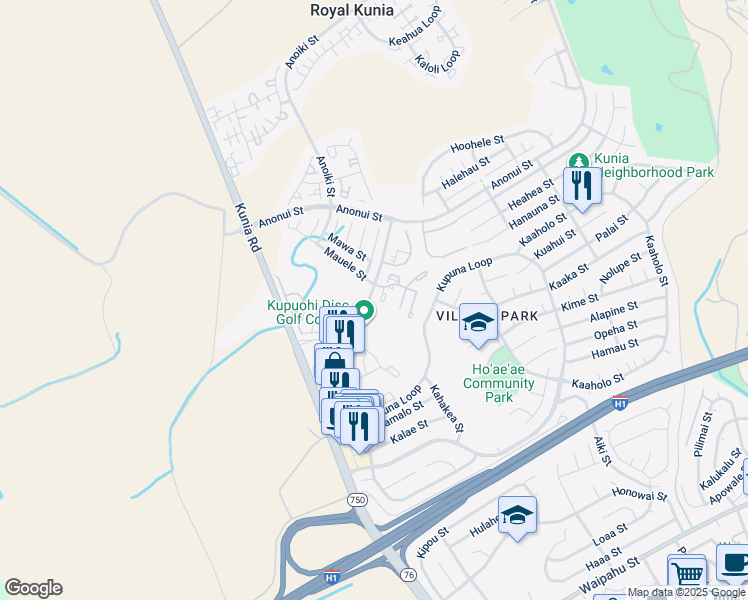 map of restaurants, bars, coffee shops, grocery stores, and more near 105 Kupuohi Street in Waipahu