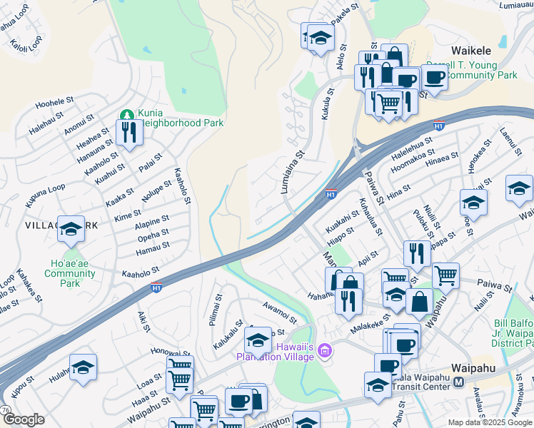 map of restaurants, bars, coffee shops, grocery stores, and more near 94-510 Lumiaina Street in Waipahu