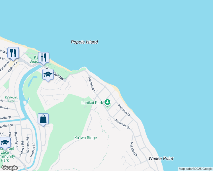map of restaurants, bars, coffee shops, grocery stores, and more near 903 Mokulua Drive in Kailua