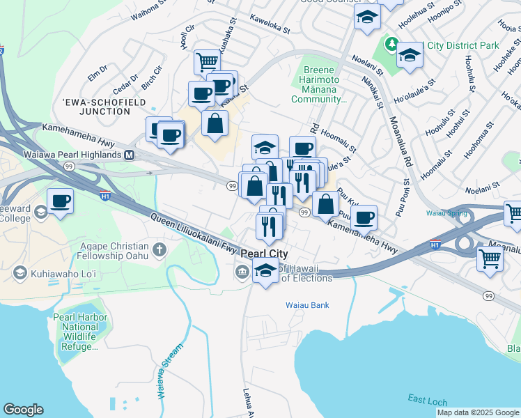 map of restaurants, bars, coffee shops, grocery stores, and more near 950 Third Street in Honolulu