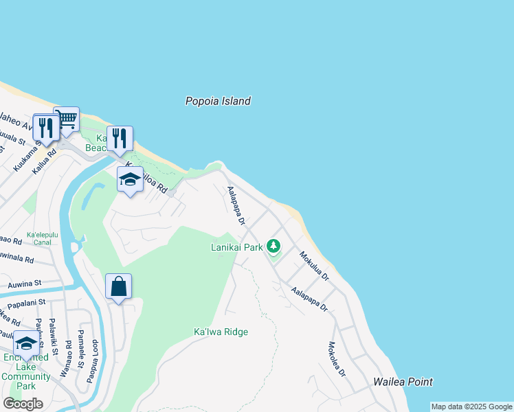 map of restaurants, bars, coffee shops, grocery stores, and more near 867 Mokulua Drive in Kailua