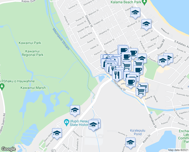 map of restaurants, bars, coffee shops, grocery stores, and more near 840 Kailua Road in Kailua