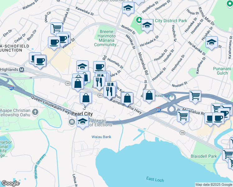map of restaurants, bars, coffee shops, grocery stores, and more near 794 Puu Kala Street in Pearl City