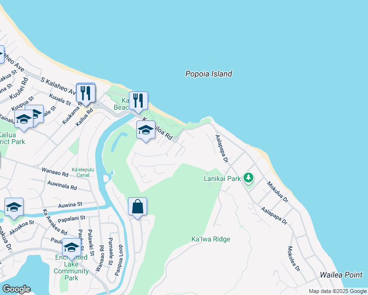 map of restaurants, bars, coffee shops, grocery stores, and more near 595 Kawailoa Road in Kailua
