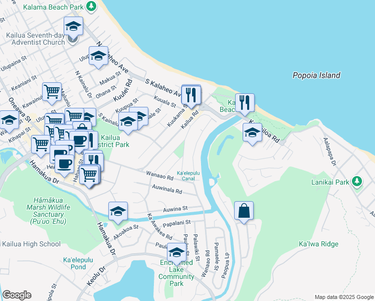 map of restaurants, bars, coffee shops, grocery stores, and more near 243 Kakahiaka Street in Kailua