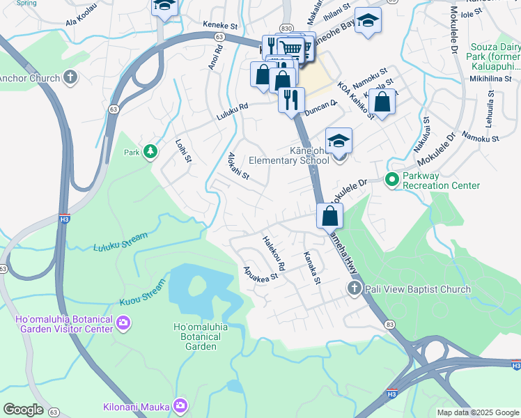 map of restaurants, bars, coffee shops, grocery stores, and more near 45-496 Malio Place in Kaneohe